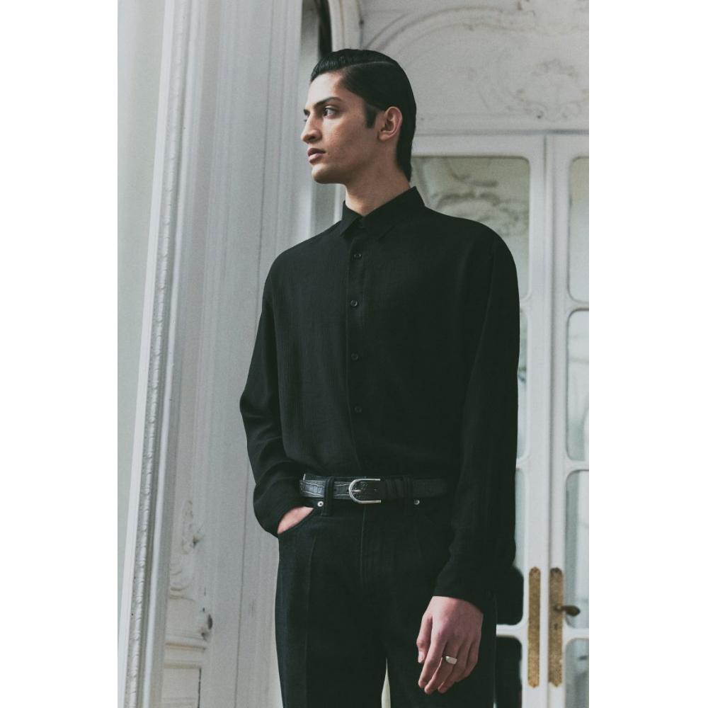 H M Regular Fit Crinkle sHirt Black