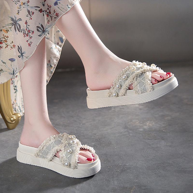 

Women Solid Color Pearl Slippers Ladies Middle Heel Anti-slip Soft-sole Comfortable Thick Bottom Beach Sandals Footwears 40 белый