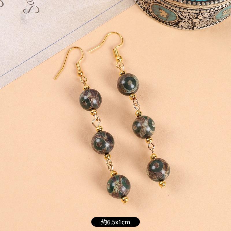 Original design Tibetan nine-eye dzi bead agate earrings retro literary tiger tooth earrings Chinese earrings women