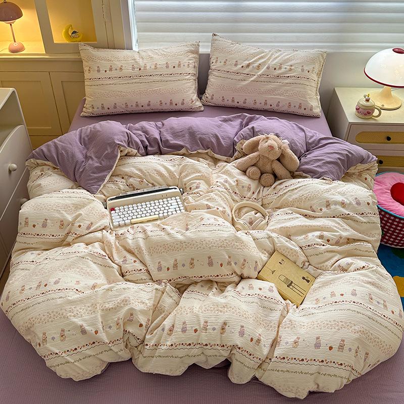 Double-Layer Gauze Cotton Printed Bedding Set - 3 or 4-Piece Options