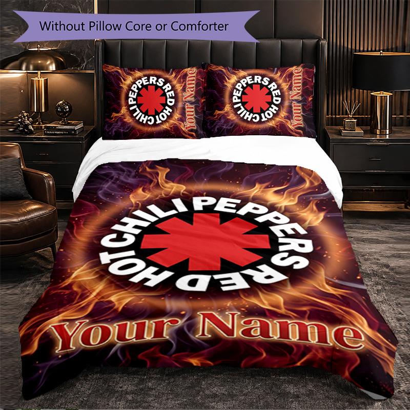 Red Hot Chili Peppers Customized Name Text Bedding Set, 1 Duvet Cover & 2 Pillowcases Personalized Bedroom Gift