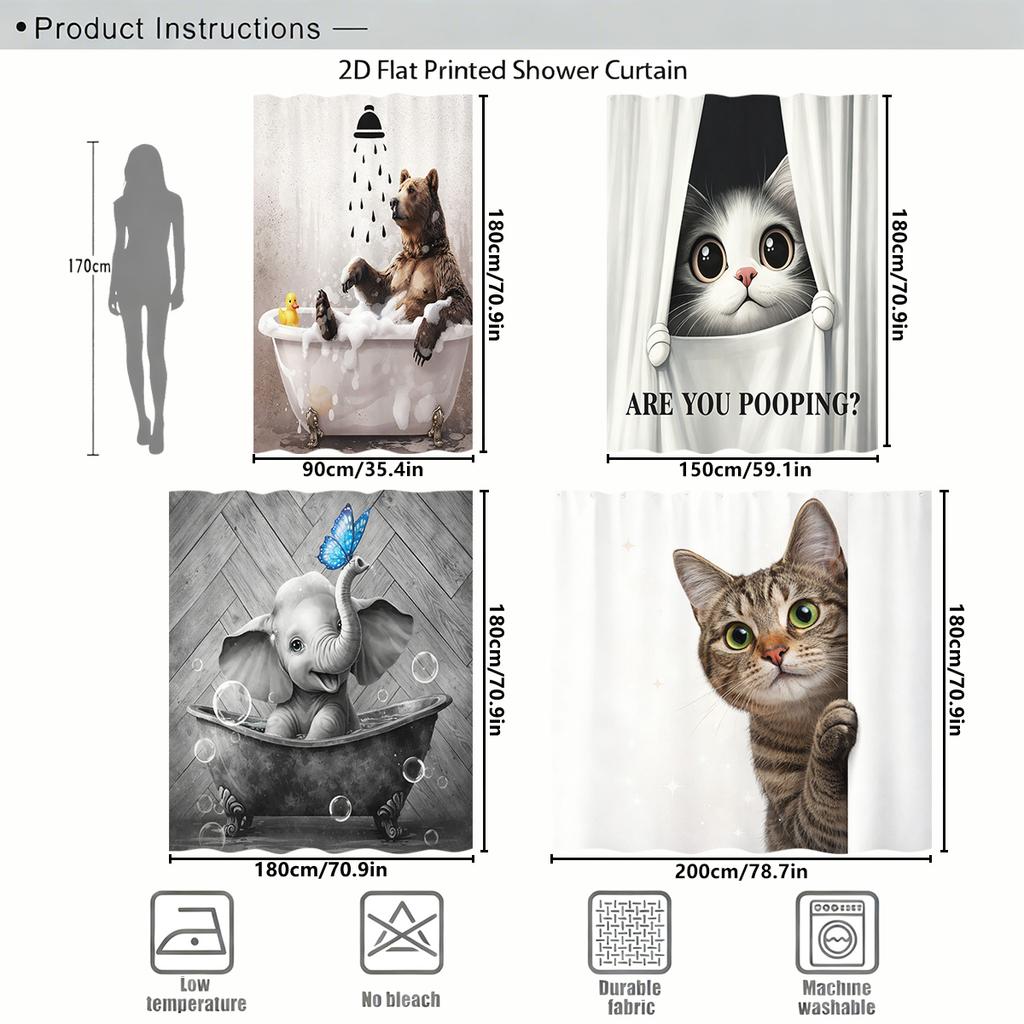 Fun Animal Themed Polyester Shower Curtain - Cute Bathtub & Peeking Pet Design For Bathroom Decoration