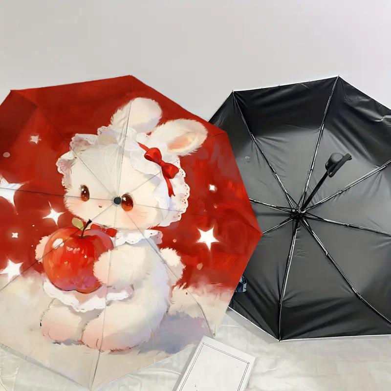 Adorable Bunny with Apple Print Umbrella - Auto Open/Closed, Outdoor Protection, Lightweight & Durable Travel Accessory 132