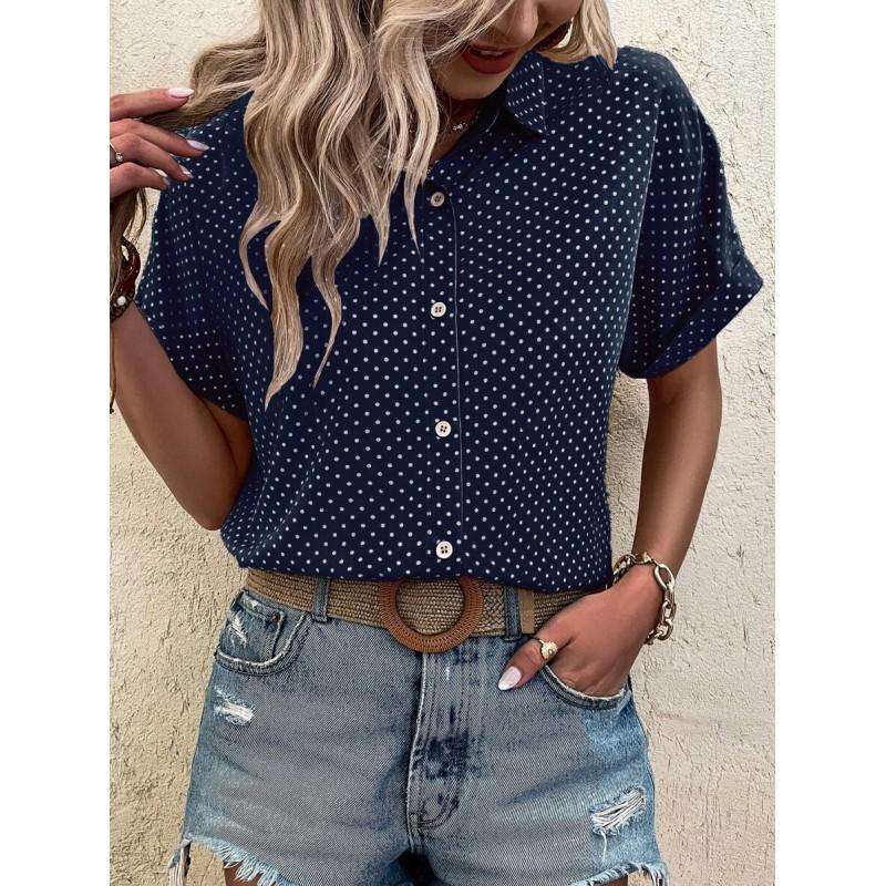 Womens Loose Fit Short Sleeve Printed Shirt Casual Vacation Style Collared Open Front Top