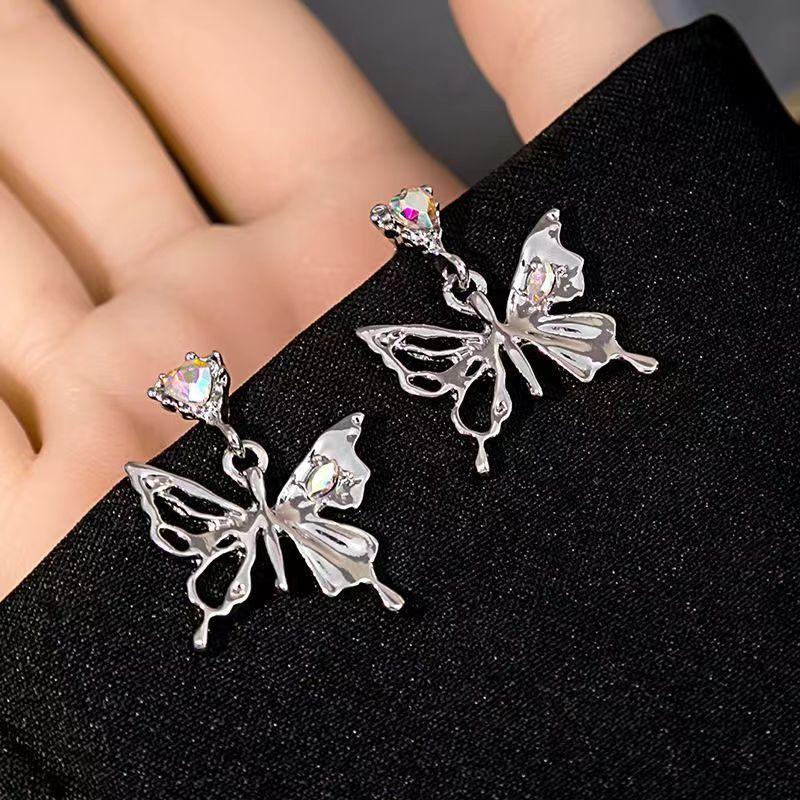 New cold wind liquid butterfly stud earrings women, silver needle niche design versatile earrings earrings 925 silver needle