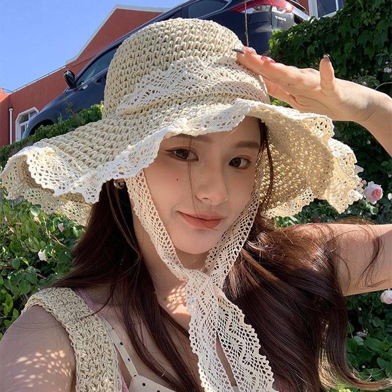 

2024 New Straw Hat Ins Lace-up Cutout Straw Hat Female Summer Travel Sun-Proof Beach Seaside Sun Hat Lei Ins M, M(56-58cm) Default Size