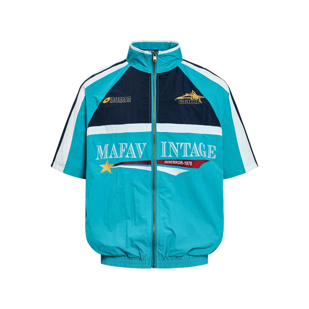 American Retro Trendy Brand Campus Style Baseball Jacket Short Sleeve Heavy Industry Embroidery Color Matching Deconstruction  Flight Jacket