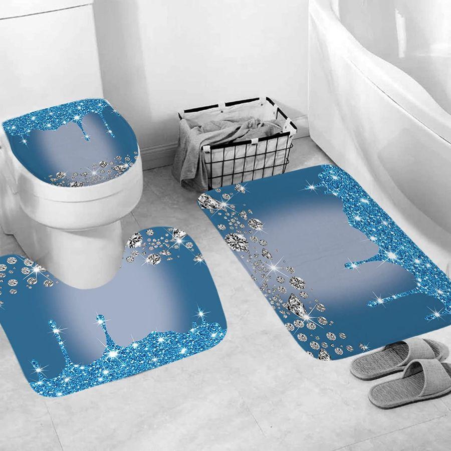4Pcs Sparkling Diamond Shower Curtain Set, Shiny Bathroom Trim, Carpet And Toilet Seat,Burgundy Luxury Textured Colorful