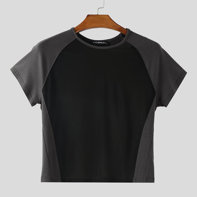 

INCERUN Мужские футболки с коротким рукавом, круглым вырезом, сетчатыми прозрачными вставками, приталенные, укороченные M серый