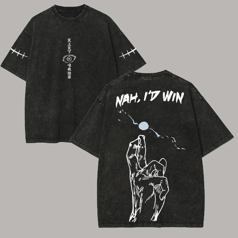 Gojo Nah Id Win T Shirt Jujutsu Kaisen Men Vintage Acid Wash Oversized Y2k Meme Anime Quote Streetwear Oversized Cotton Harajuku Tees L