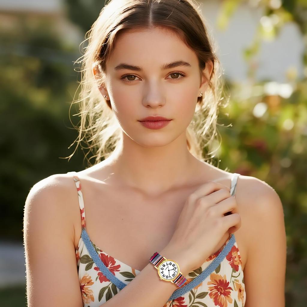 Bohemian Watch with Elastic Strap and Arabic One Size Fits Floral Waterproof Quartz Watch with Stretchable Stainless Steel Analog Colorful Ethnic