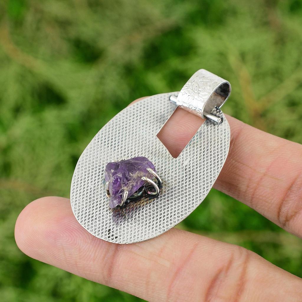 925 Sterling Silver African Amethyst Rough Gemstone Anniversary Pendant Jewelry