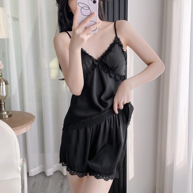 Internet Celebrity Spring and Summer Women's Pajamas New Thin Solid Color Lace Ice Silk Suspender Shorts Vest Loungewear Set