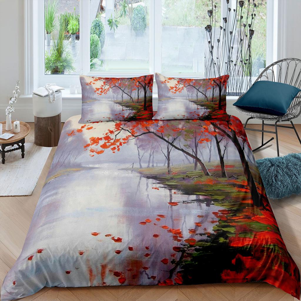Comforter Autumn Fallen Leaves Red Maple Leaf Nature Bedding Set Sunshine Tree Woods Natural King