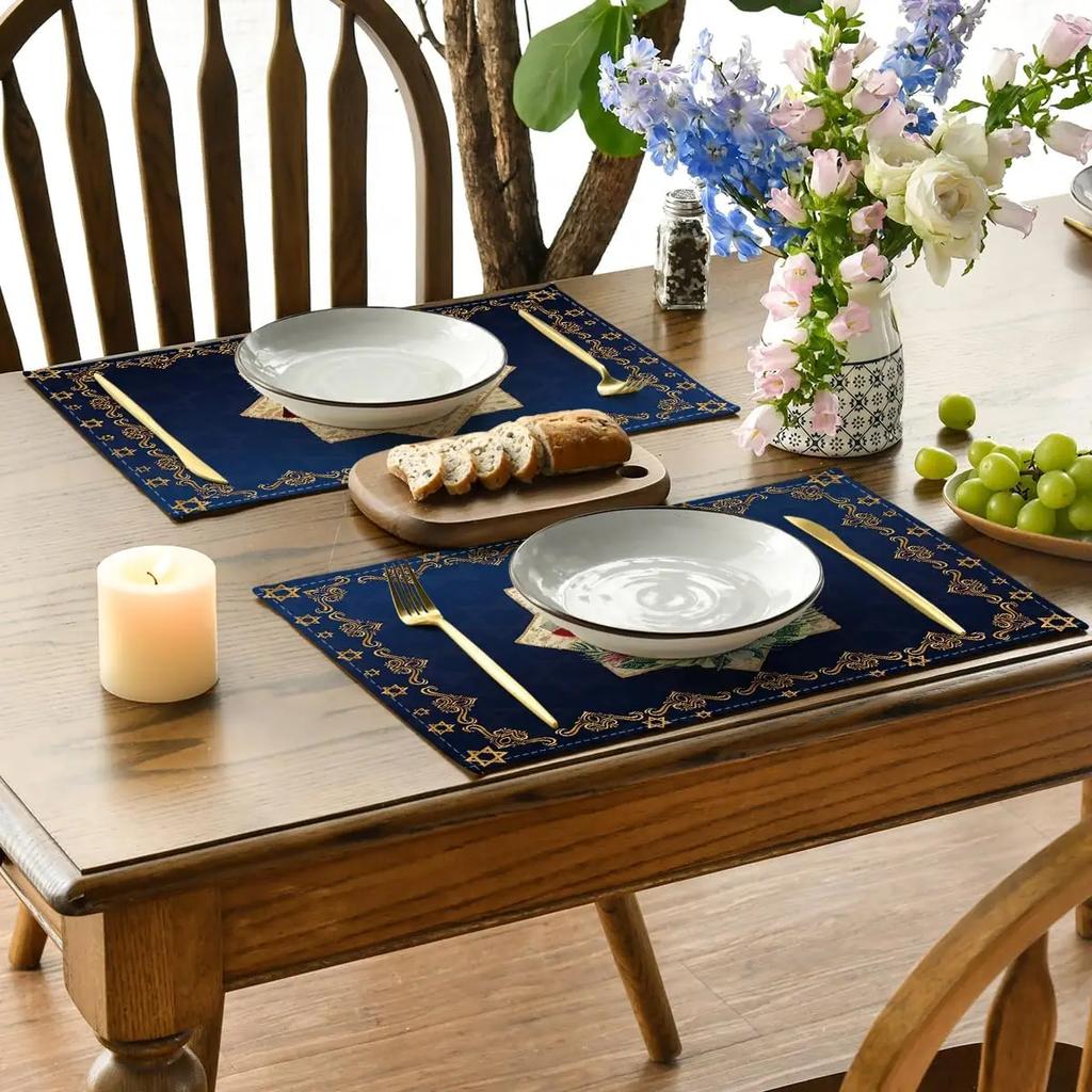 4PCs Happy Passover Linen Placemats Kitchen Dining Table Decor Pesach Star of David Table  Mats for Jewish Party Decorations