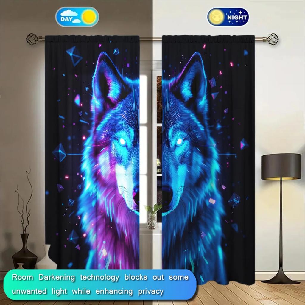 Set Of 2 Cool Fluorescent Wolf Half Curtains Home Decoration All Season Decorative Artistic Room Darkening Made Polyester