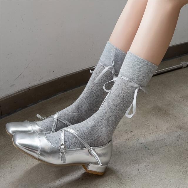 Socks Women Bow Straps Hollow Solid Color Spring and Autumn Ballet Socks Middle Tube Ribbon Casual Socks for Women