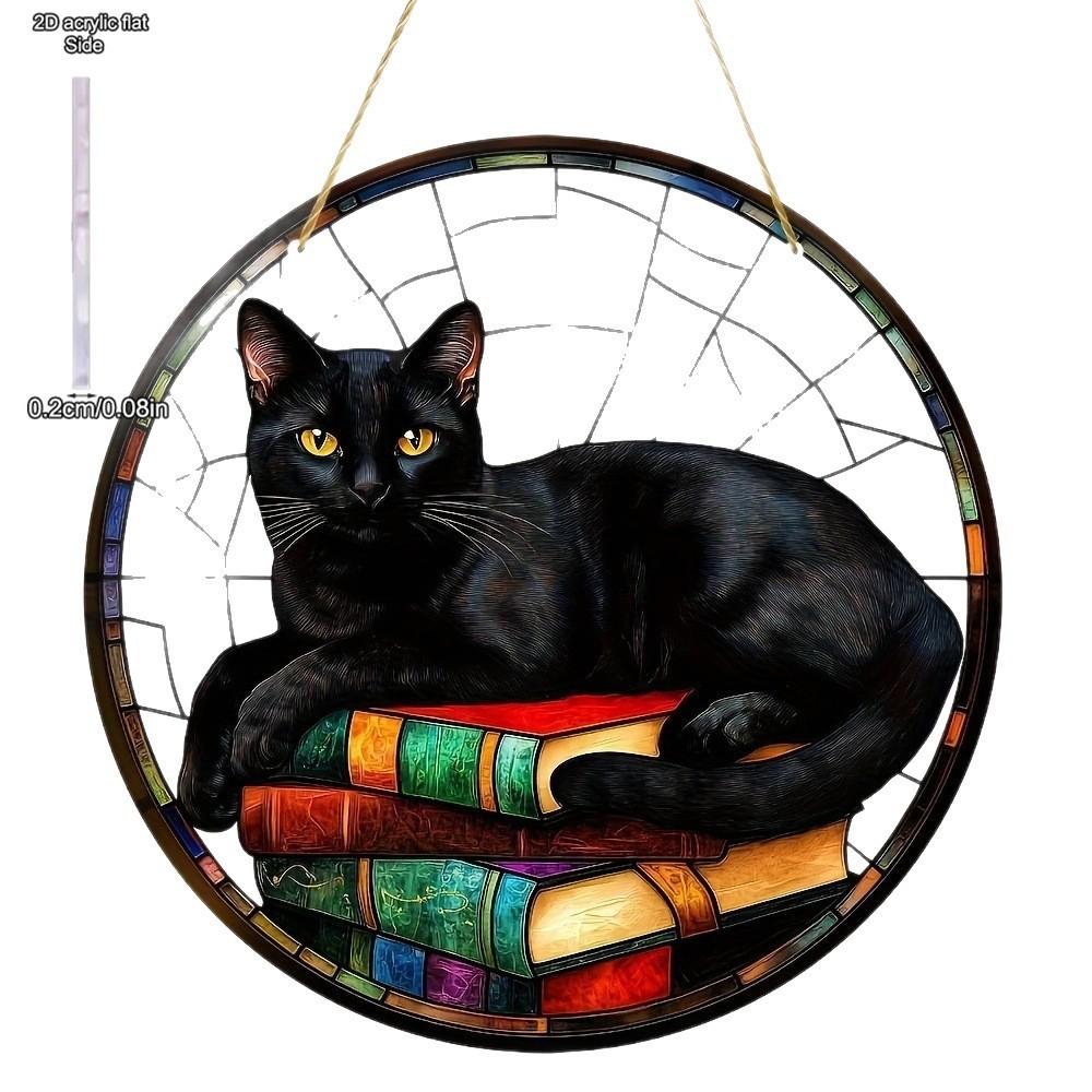Noble Cat Black Cat Suncatcher, Acrylic Round Sign Translucent Window Hanging, Four Seasons Decoration, Novelty Home Decor
