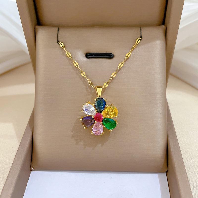 Sweet Rotatable Colorful Zircon Flower Pendant Necklaces for Women Trendy Stainless Steel Chain Flower Jewelry Anniversary Gifts
