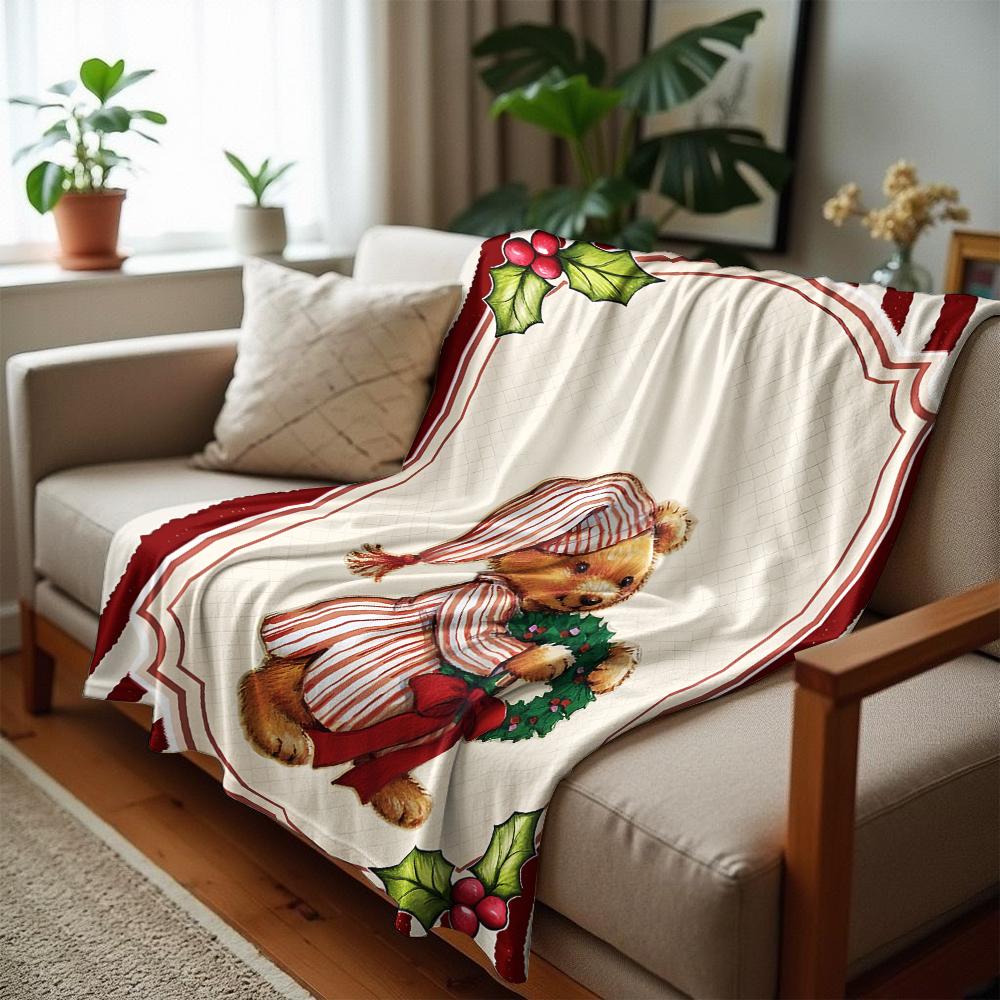 Vintage Stripe Xmas Bear Cartoon Anime Print Flannel Blanket Soft Warm Throw for Kids Bedroom Sofa Christmas Office Car