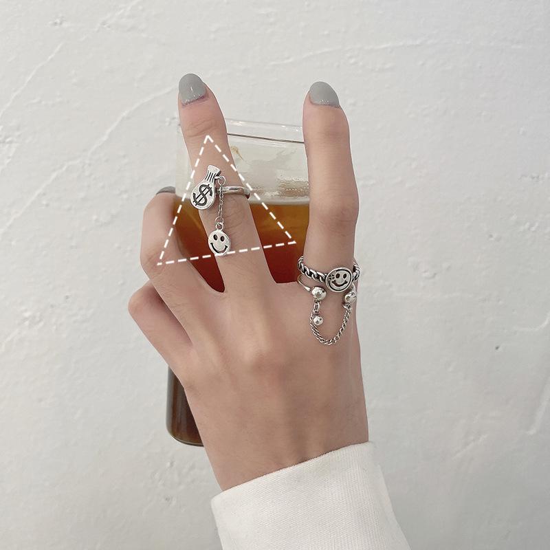 Smiley Face Chain S925 Silver Adjustable Ring - Unique High-Grade Design for Women