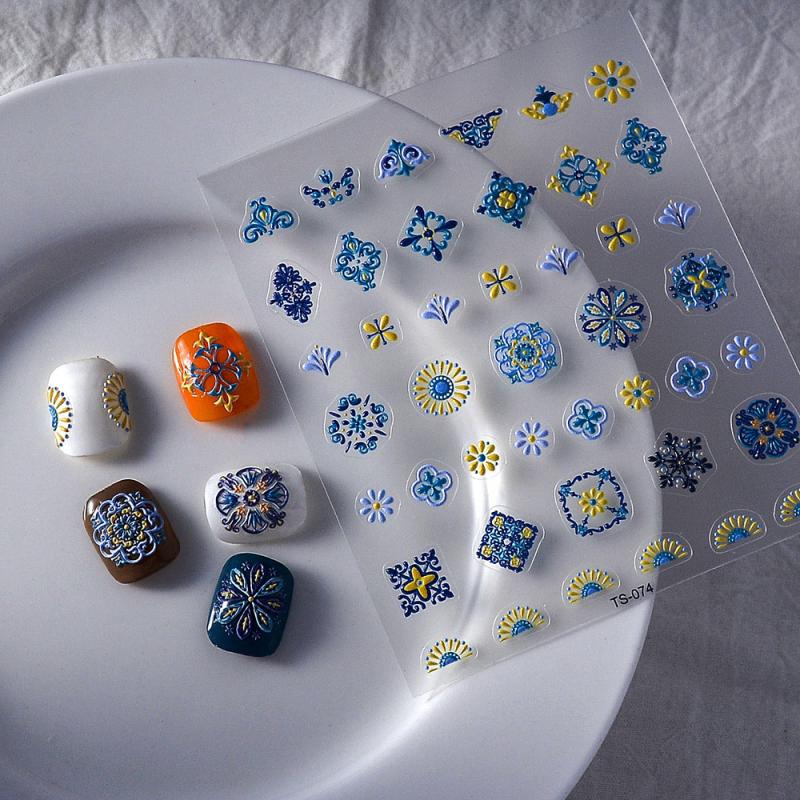 

1 шт. Богема Наклейки для ногтей 5D Богема Наклейка для ногтей Декаль Абстрактный дизайн Ретро Синий Желтый Цветок Самоклеящиеся принадлежности для ногтей TS-074