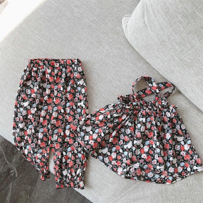 MAITA Summer New Girls' Set Flower Strap Top and Crop Pants