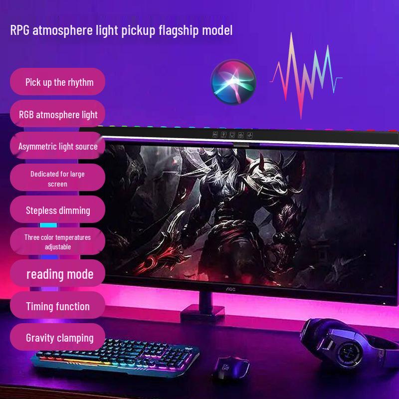 Curved Screen Hanging Lamp with Seven-Color LED, Sound-Reactive Rhythm, and Eye Protection Features.