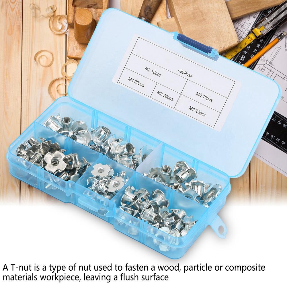 80pcs Carbon Steel T Nut Four Pronged M3 4 5 6 8 Tee Nuts Kits For Woodworking Furniture