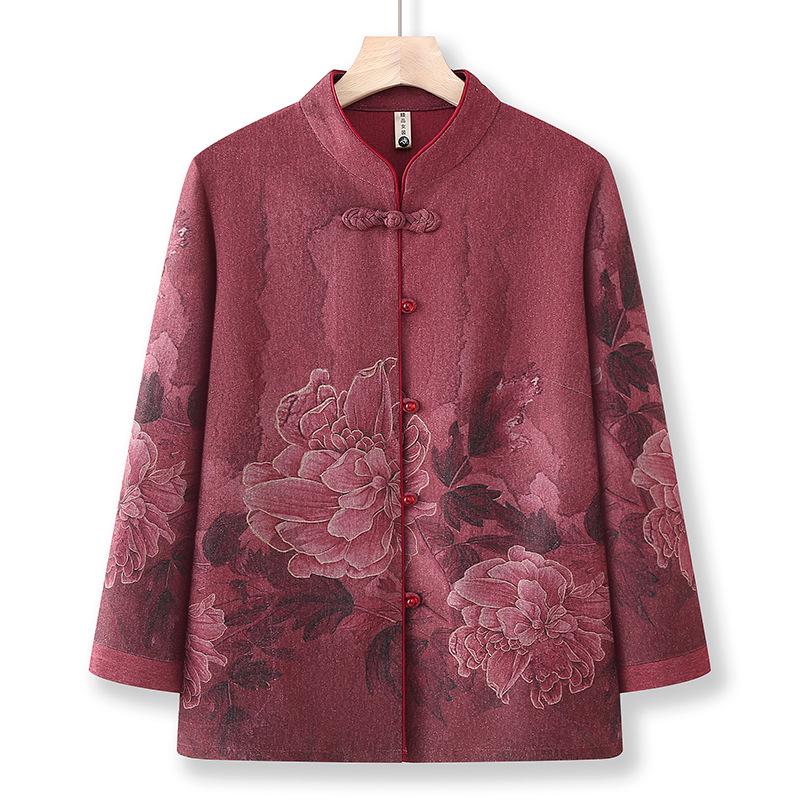 

Мамина весенне-осенняя блузка с длинным рукавом и цветочным принтом - Стильная, свободная, тонкая верхняя одежда для женщин среднего и пожилого возраста XXXL (suggested weight 120-130 jin) красный/фиолетовый