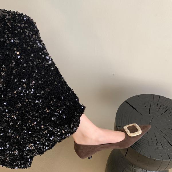 Square Buckle Rhinestone Pointed High Heels Spring and Autumn High-end Sense Elegant Suede Thin Heel Light Mouth Single Shoes Professional Women's