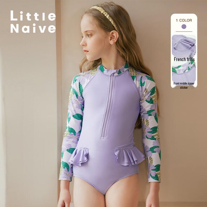 Little Naive Girls  French Print Long-Sleeve One-Piece Swimsuit 140