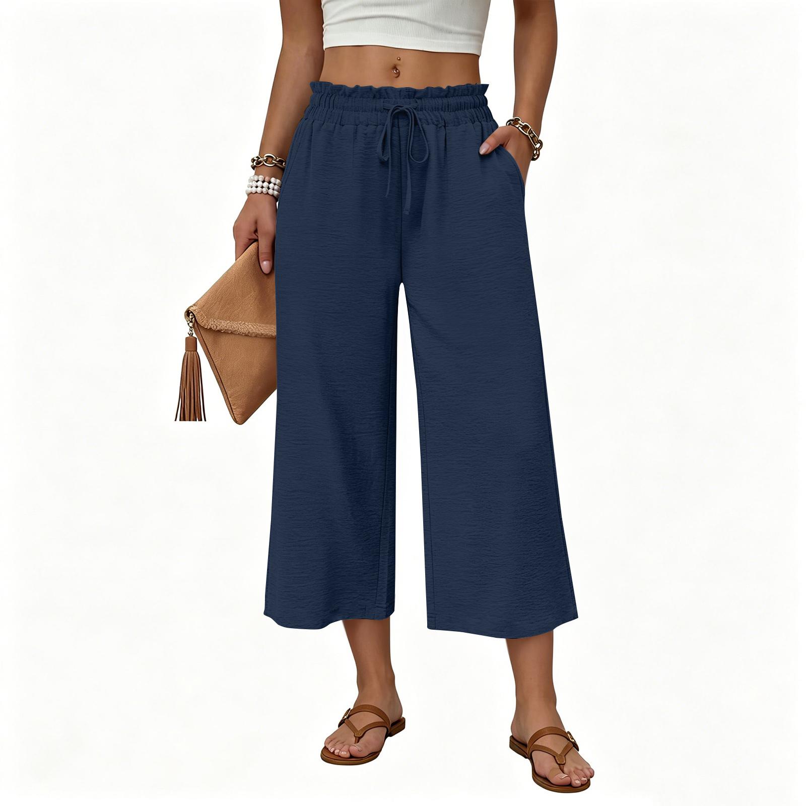 

Women Casual Loose Fit High Waist Cropped Pants with Drawstring Waist and Pockets for Everyday Comfort and Versatility S Темно-синій