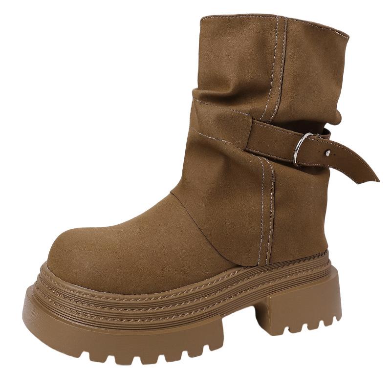 Design Sense Pleated Sense Solid Color Platform Martin Boots Women's 2025 Autumn and Winter Fashion Versatile Retro Platform Locomotive Boots