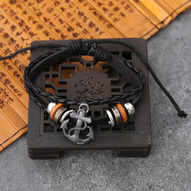 Hot-Selling European & American Hand-Woven Four-Piece PU Bracelet Set with Anchor Design