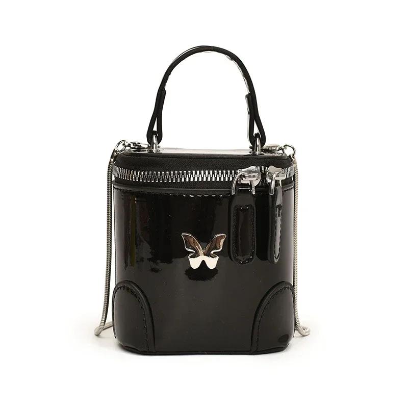 Monochromatic shiny PU shoulder bag for women solid color stitching chain mini bucket with zipper crossbody bags fashion