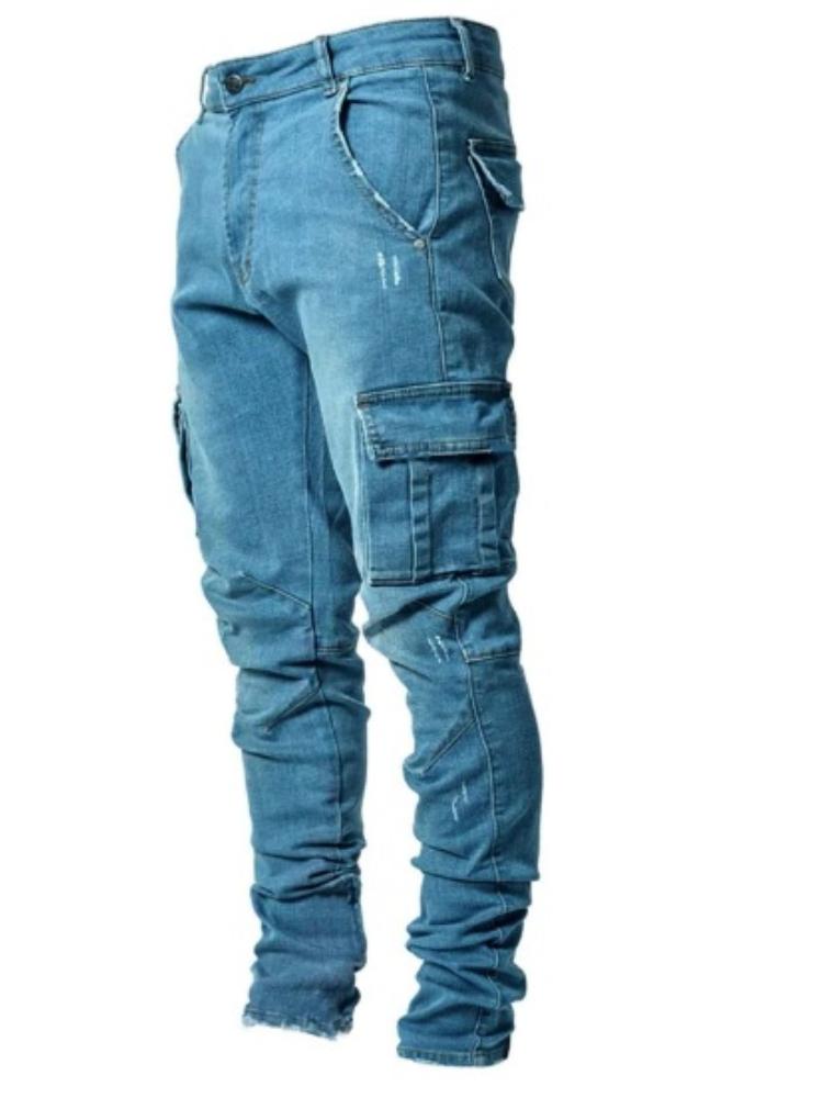 

Мужские джинсы карго из денима - Светло-голубые и черные вываренные рабочие брюки с множеством карманов, потертостями 5XL темно-синий