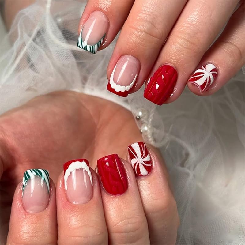 Christmas Press on Nails Medium Square Fake Nails Xmas Nails Press ons with Winterberry,Candy Cane,Snowflake,Santa Hat Design Reusable Artificial