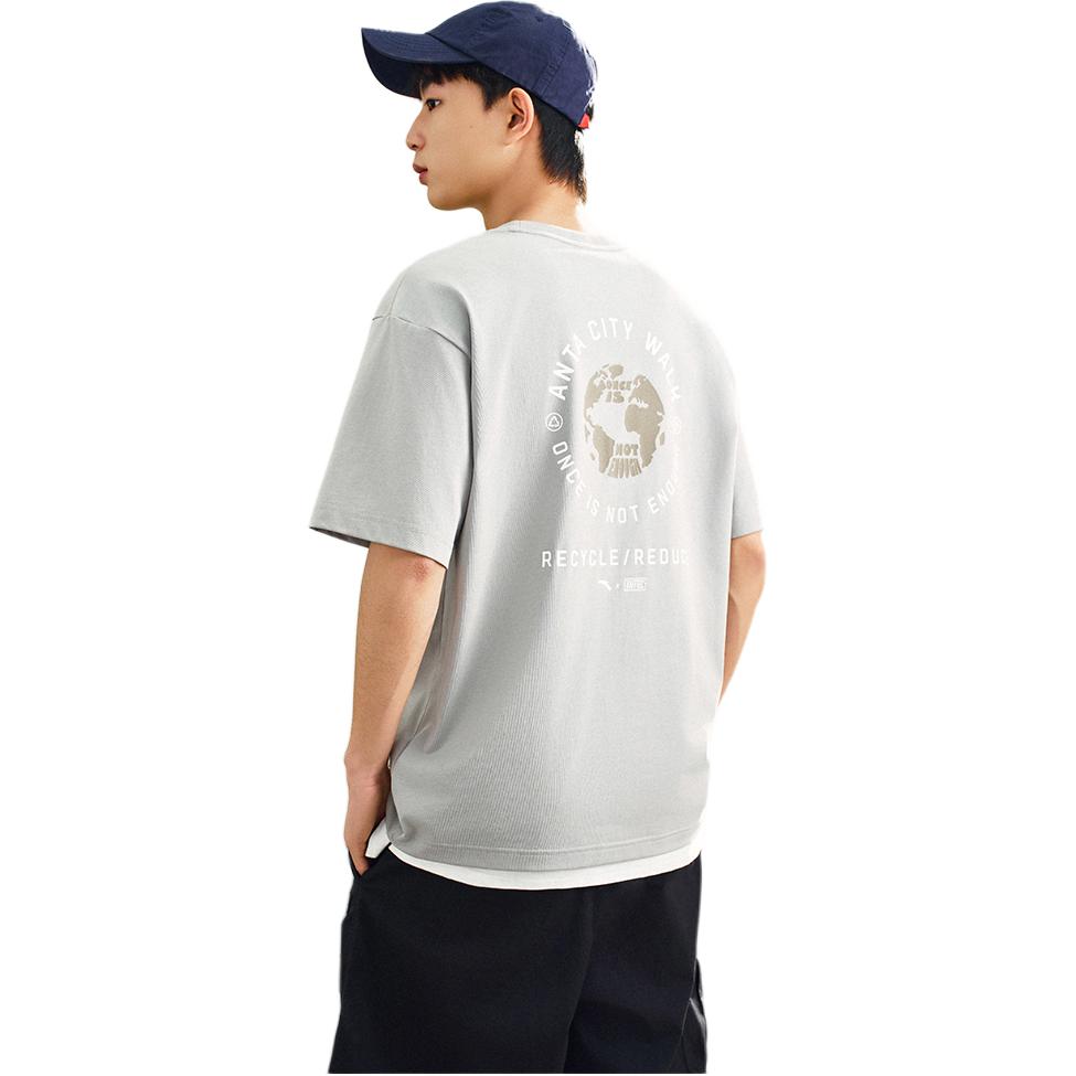 Anta Comfortable Simple Loose Letter Print Breathable Drop Shoulder Short Sleeve T-Shirt Unisex Tops Moss-Grey-Green 152527123-2