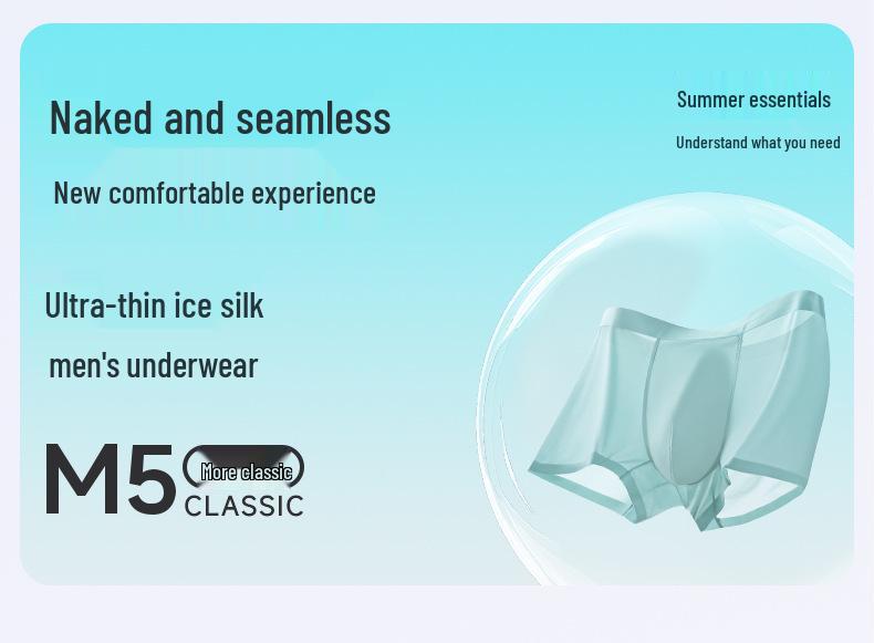 Men's Summer Ice Silk Antibacterial Quick-Dry Boxer Briefs - Mid-Waist, Seamless, Breathable Ultra-Thin Four-Corner Design.