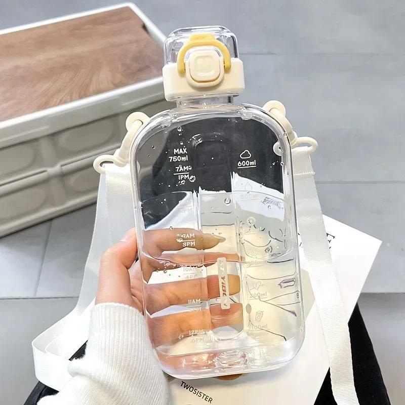 

750ml Scale Kettle Flat Square Sports Water Bottle Transparent Travel Cup Portable Outdoor Drinking Bottle With Strap