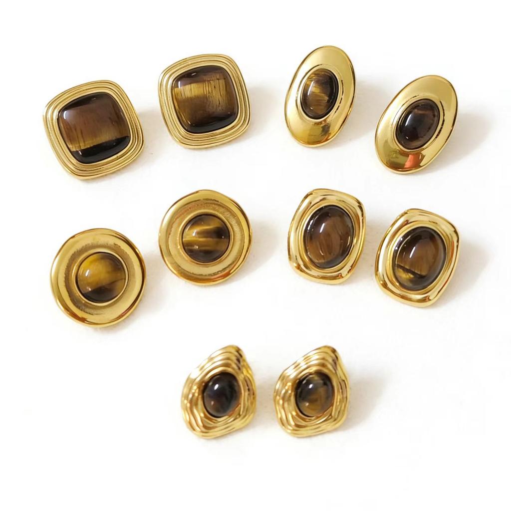 Titanium Steel Tiger's Eye Stone Stud Earrings Light Luxury High-end Autumn and Winter Earrings Do Not Fade 18k Gold Titanium Steel Jewelry 2026