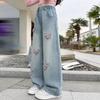 Teen Girls Denim Pants Spring Autumn New Heart Print Hole Wide Leg Pants For Girls Stylish Trousers