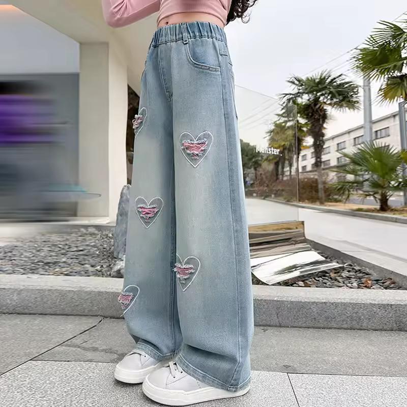 Teen Girls Denim Pants Spring Autumn New Heart Print Hole Wide Leg Pants For Girls Stylish Trousers