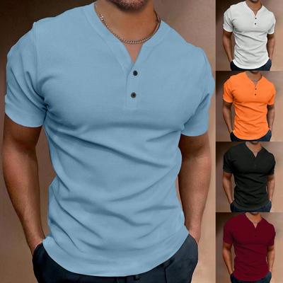 Men's Solid Color V-Neck Button Tops Men's Sports Short Sleeve Shirt