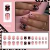 Glossy Black Square Nails with 3D Bows and Leopard Print – Versatile Daily Wear False Nails