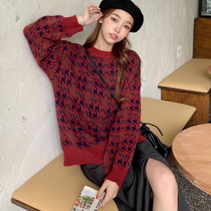 Autumn Winter Houndstooth Knitted Loose Sweater Women Pullover Tops Long Sleeve O Neck Casual Streetwear Women Knitwear Jumpers