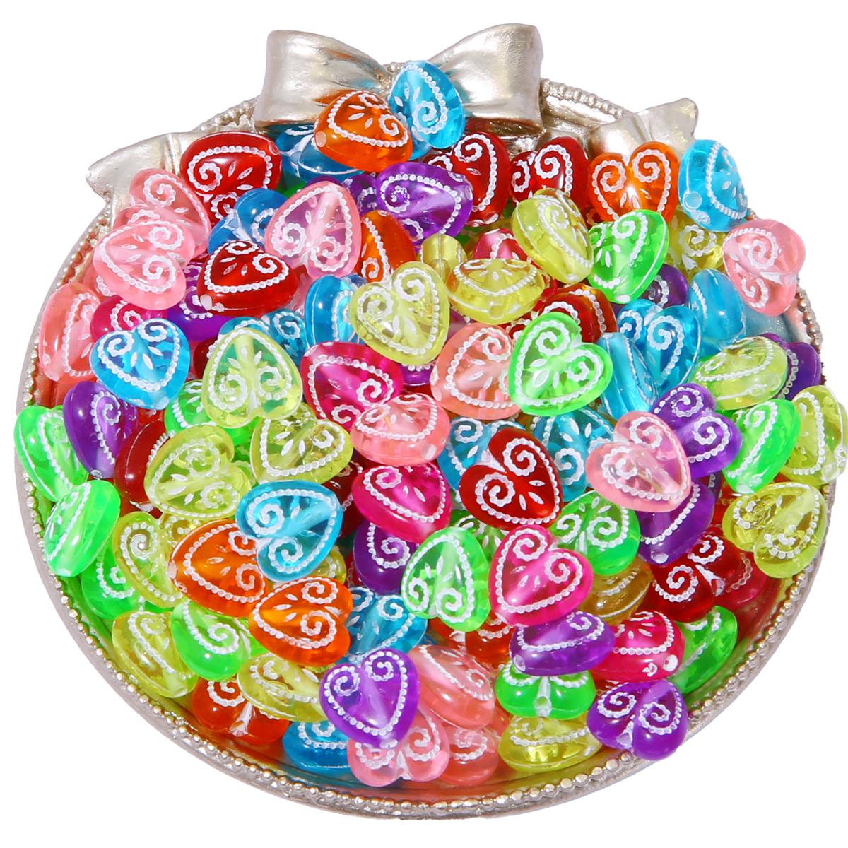 

500 г Красочные Изысканные Резные Цветочные Узоры Акриловые Сердечки Цветы Свободные Бусины Подвески для DIY Ювелирных Изделий Аксессуары для Рукоделия 11x11mm