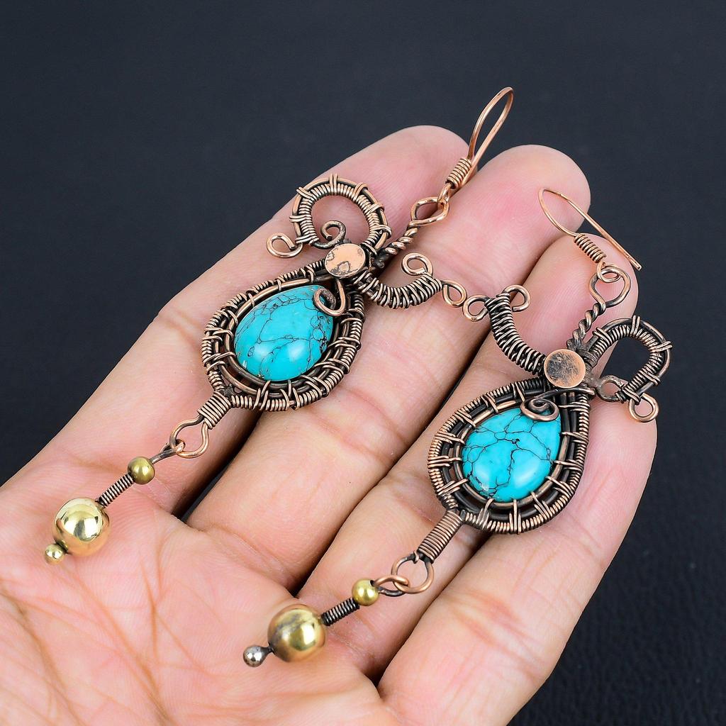 Tibetan Turquoise Earrings Gemstone Jewelry, 999 Copper Wire Wrapped Handmade Earrings, Latest Design Jewelry