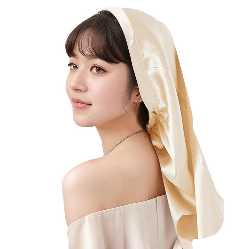 Innodenki Night Cap for Long Cylindrical Hair Prevents Reduces for Includes a Plain Gift Apricot Hair, Cap, Moisturizes, Bedhead, Friction, Ribbon,
